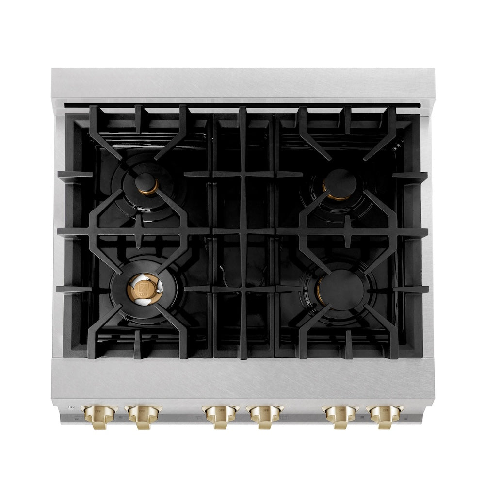 ZLINE Autograph Edition Legacy 30-inch range in satin stainless steel and polished gold accents RASZ-SN-30-G, from above