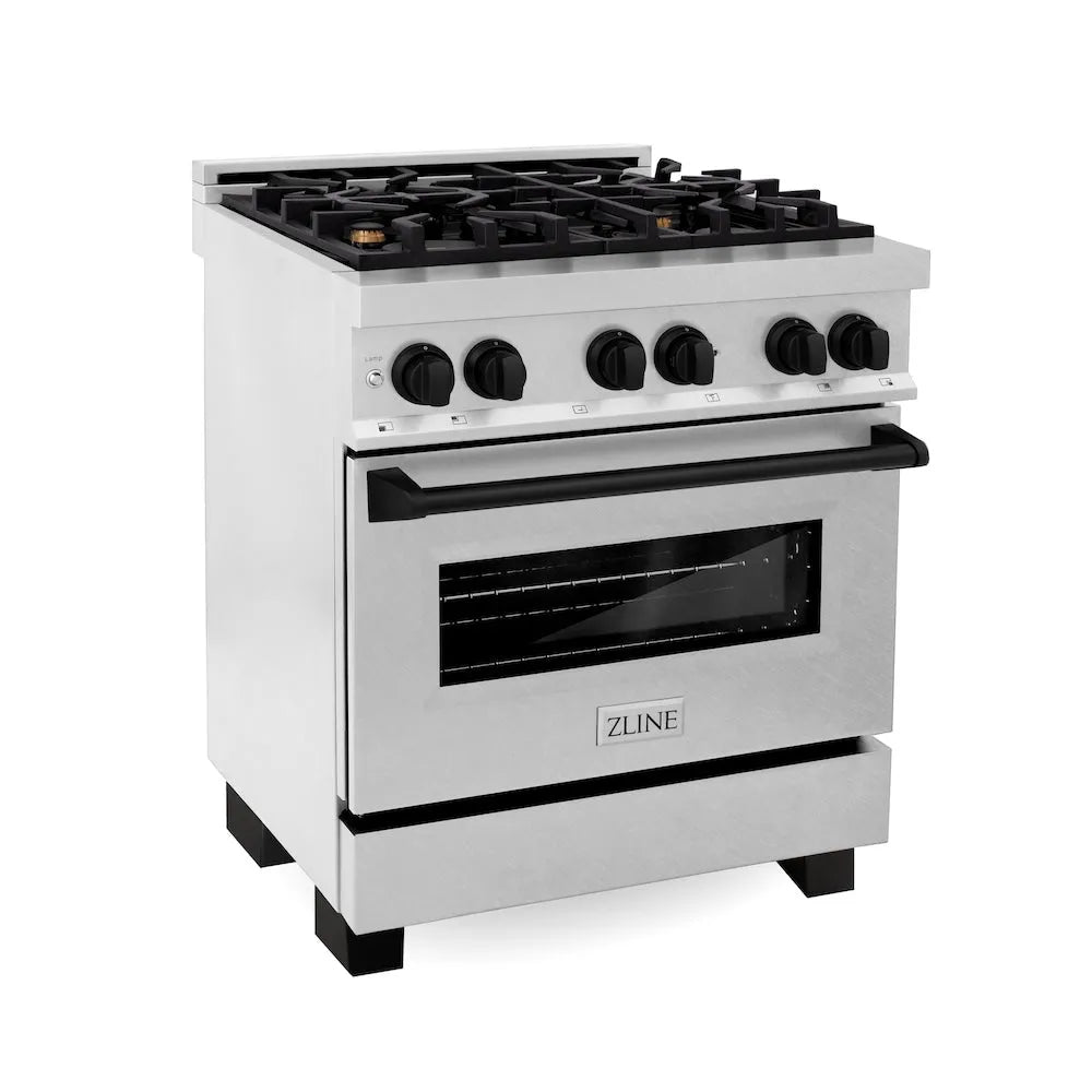 ZLINE Autograph Edition Legacy 30-inch range in satin stainless steel and matte black accents RASZ-SN-30-MB