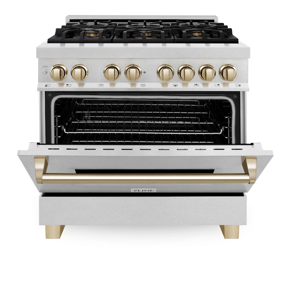 ZLINE Autograph Edition Legacy 36-inch range in satin stainless steel and polished gold accents RASZ-SN-36-G, front view