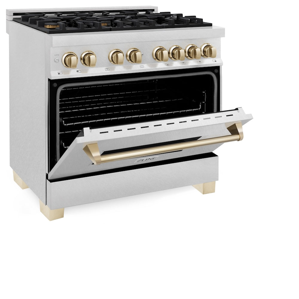 ZLINE Autograph Edition Legacy 36-inch range in satin stainless steel and polished gold accents RASZ-SN-36-G, door open