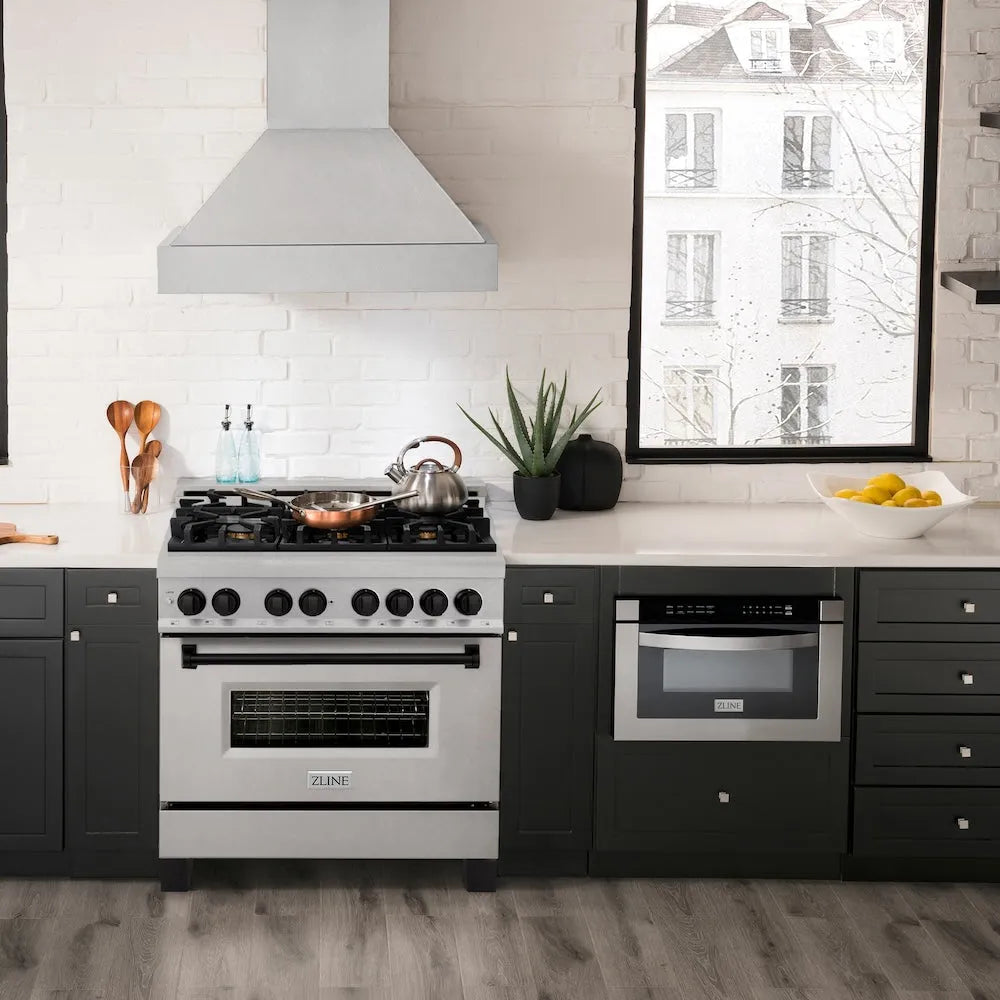 ZLINE Autograph Edition Legacy 36-inch range in satin stainless steel and matte black accents RASZ-SN-36-MB, front view