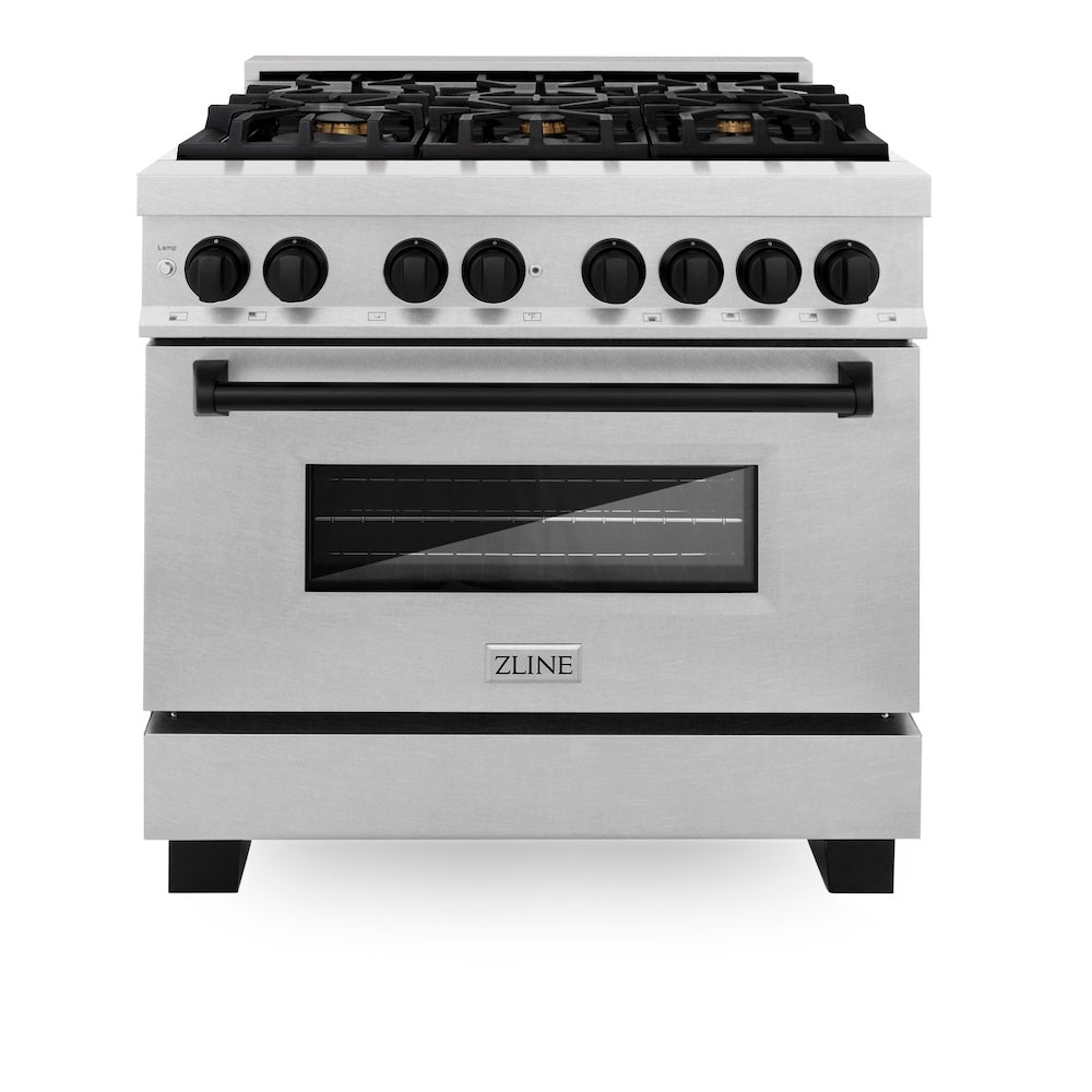 ZLINE Autograph Edition Legacy 36-inch range in satin stainless steel and matte black accents RASZ-SN-36-MB, front view