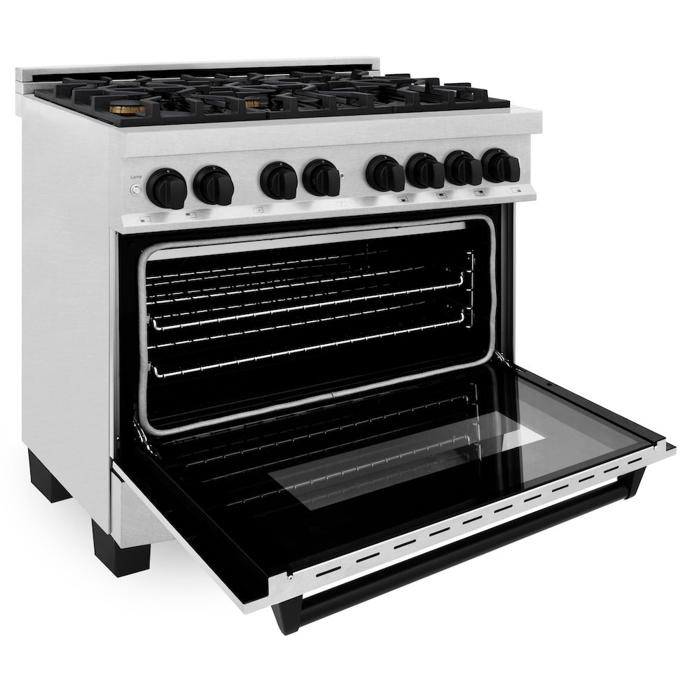 ZLINE Autograph Edition Legacy 36-inch range in satin stainless steel and matte black accents RASZ-SN-36-MB, door open