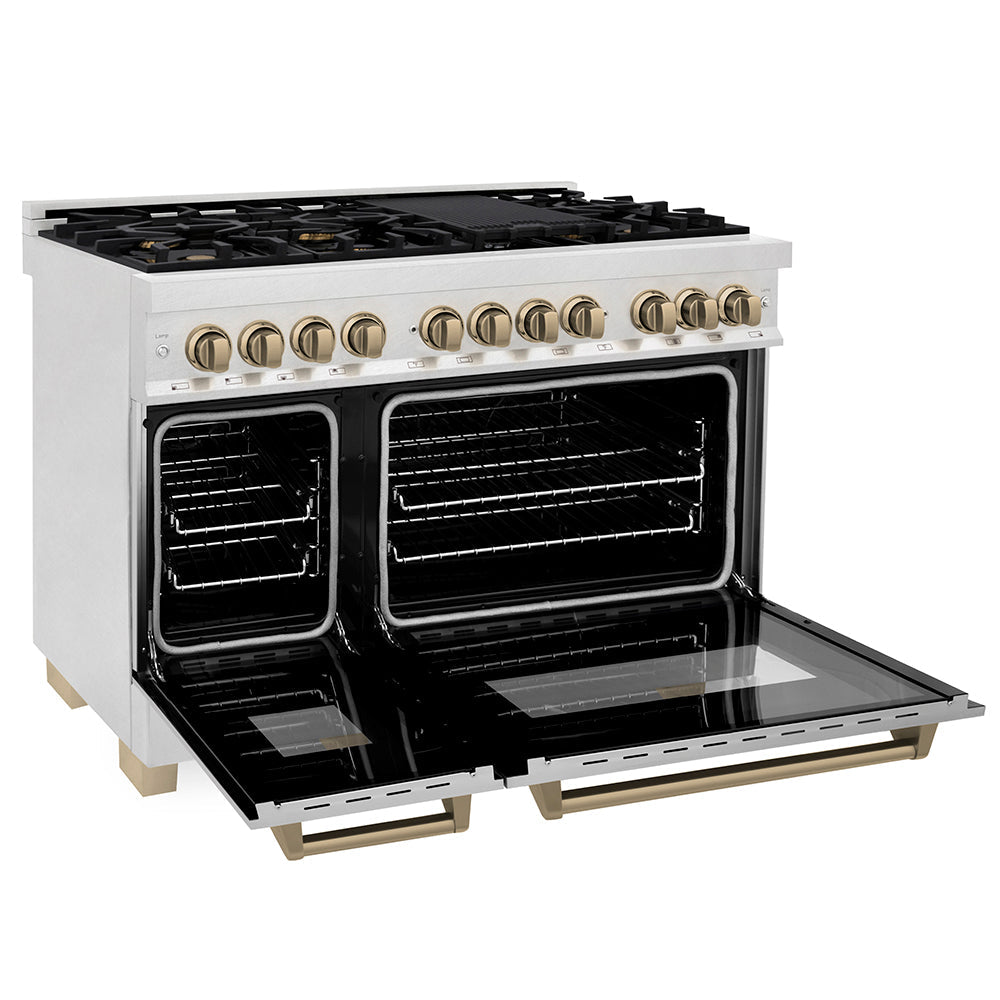 ZLINE Autograph Edition Legacy 48-inch range in satin stainless steel and champagne bronze accents RASZ-SN-48-CB, door open