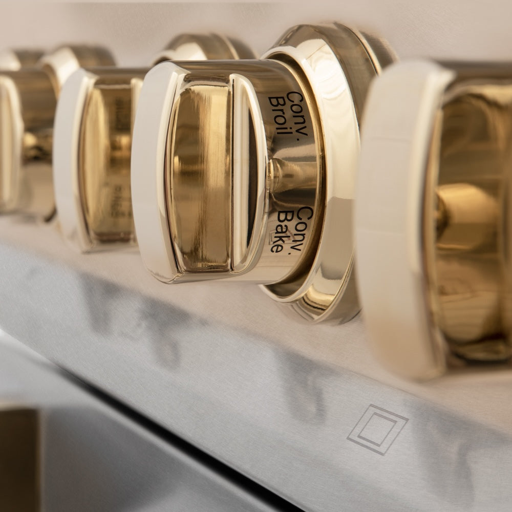 ZLINE Autograph Edition Legacy 48-inch range in satin stainless steel and polished gold accents RASZ-SN-48-G, detail