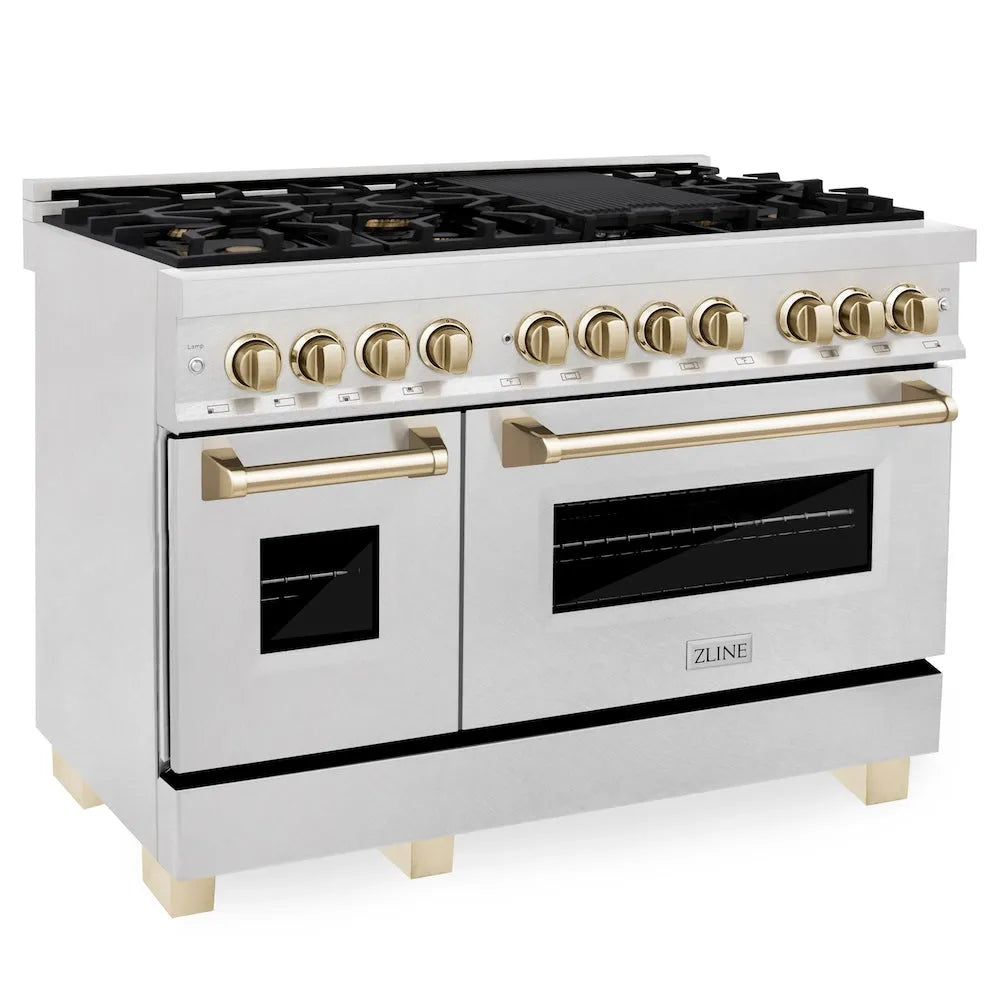 ZLINE Autograph Edition Legacy 48-inch range in satin stainless steel and polished gold accents RASZ-SN-48-G