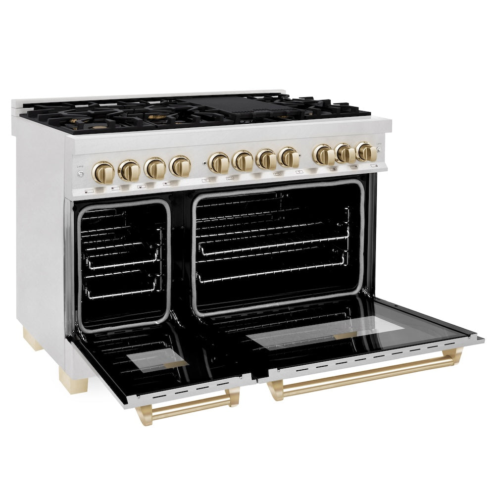 ZLINE Autograph Edition Legacy 48-inch range in satin stainless steel and polished gold accents RASZ-SN-48-G, door open