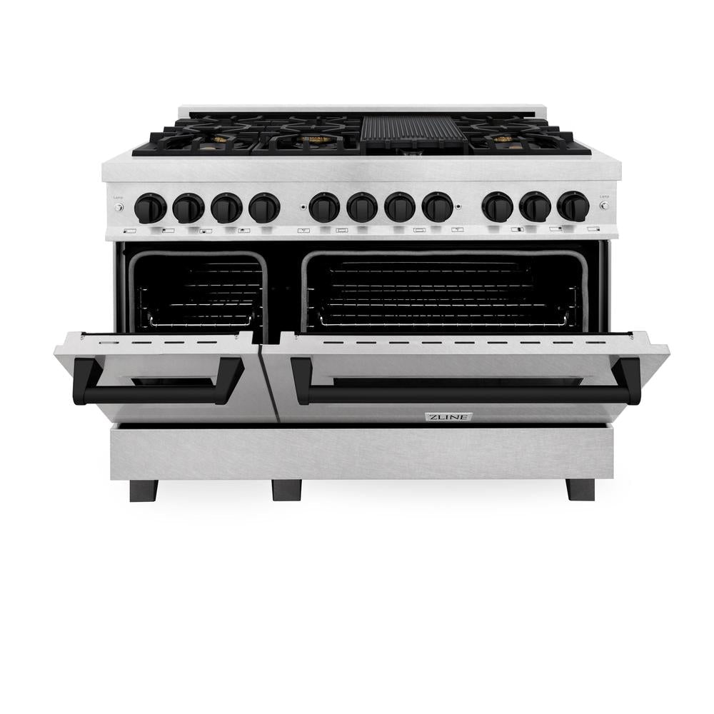 ZLINE Autograph Edition Legacy 48-inch range in satin stainless steel and matte black accents RASZ-SN-48-MB, front view