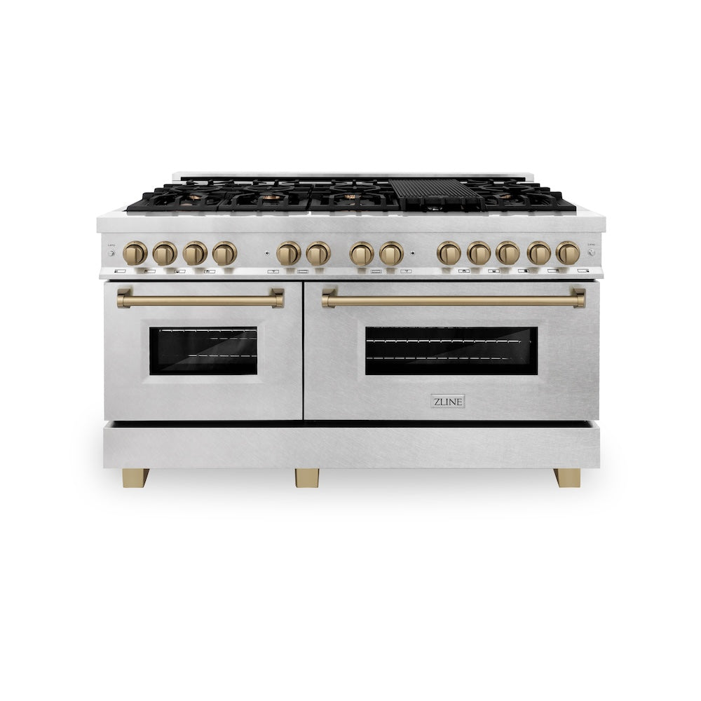ZLINE Autograph Edition Legacy 60-inch range in satin stainless steel and champagne bronze accents RASZ-SN-60-CB, front view