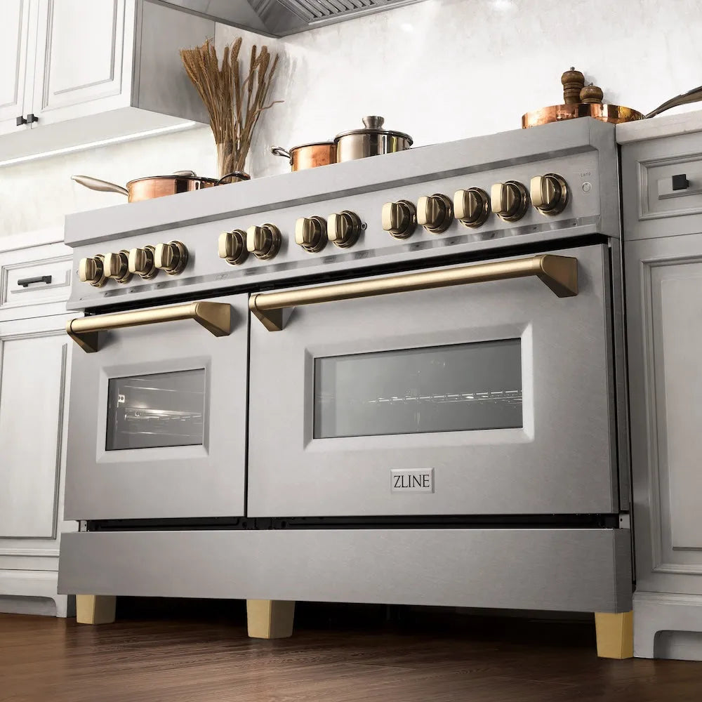 ZLINE Autograph Edition Legacy 60-inch range in satin stainless steel and polished gold accents RASZ-SN-60-G, from above