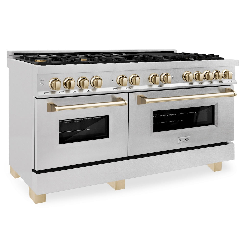 ZLINE Autograph Edition Legacy 60-inch range in satin stainless steel and polished gold accents RASZ-SN-60-G, view 4