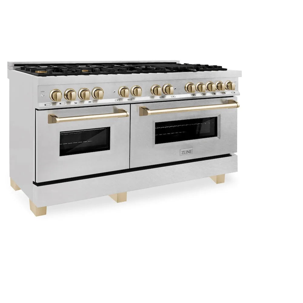 ZLINE Autograph Edition Legacy 60-inch range in satin stainless steel and polished gold accents RASZ-SN-60-G
