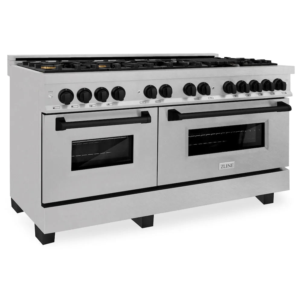 ZLINE Autograph Edition Legacy 60-inch range in satin stainless steel and matte black accents RASZ-SN-60-MB