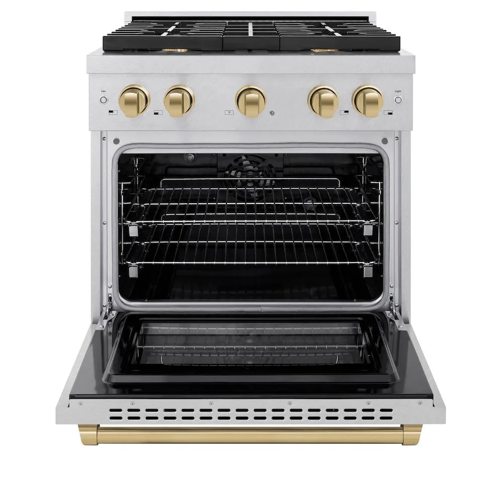 ZLINE Autograph Edition Paramount 30-inch range in satin stainless steel and champagne bronze accents SDRSZ-30-CB, front view
