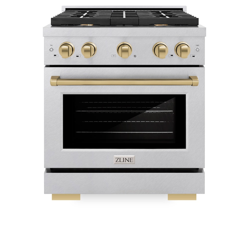 ZLINE Autograph Edition Paramount 30-inch range in satin stainless steel and champagne bronze accents SDRSZ-30-CB, front view