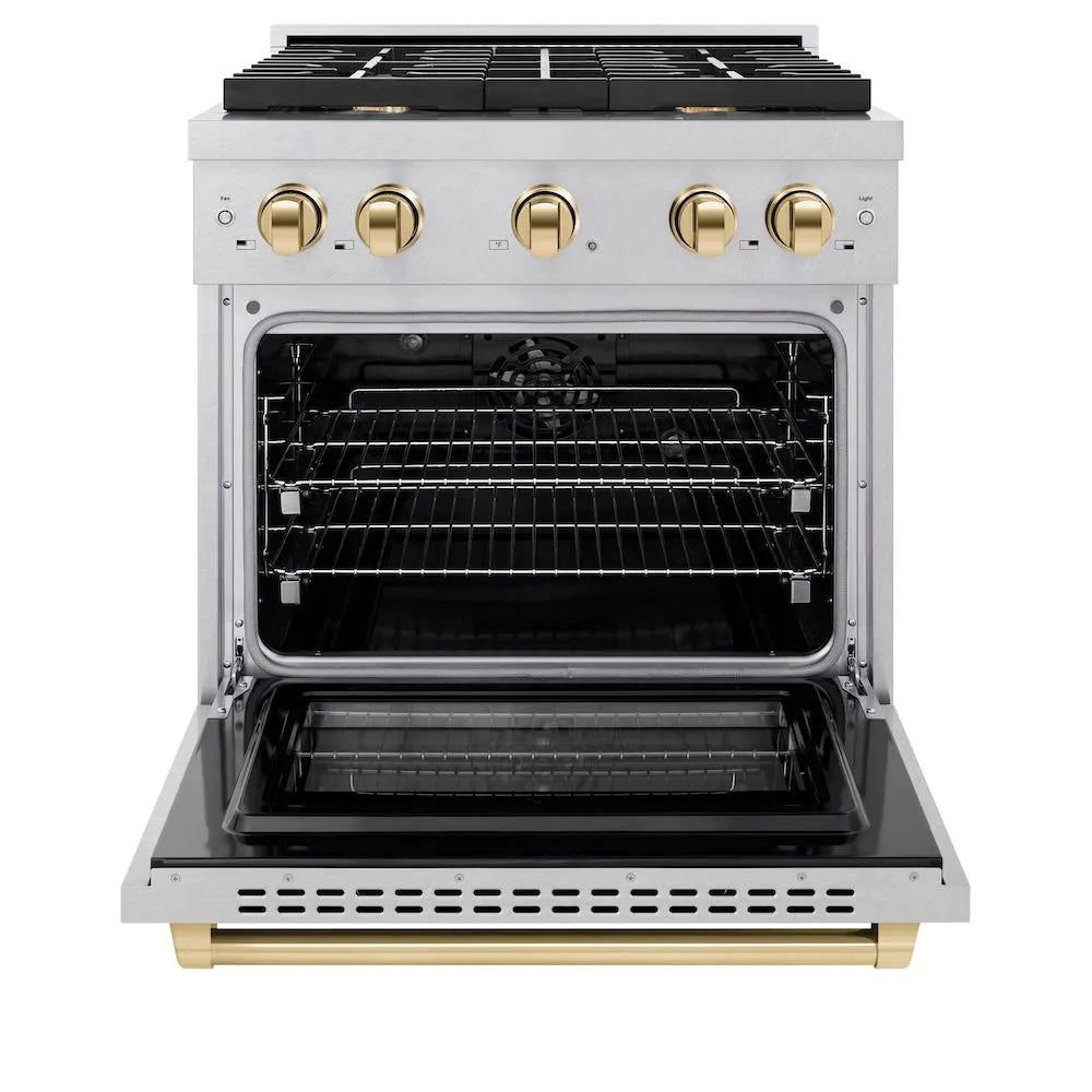 ZLINE Autograph Edition Paramount 30-inch range in satin stainless steel and polished gold accents SDRSZ-30-G, front view