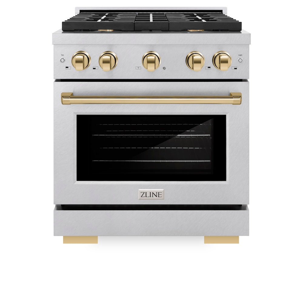 ZLINE Autograph Edition Paramount 30-inch range in satin stainless steel and polished gold accents SDRSZ-30-G, front view
