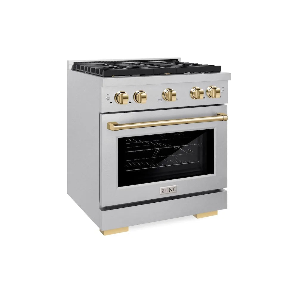 ZLINE Autograph Edition Paramount 30-inch range in satin stainless steel and polished gold accents SDRSZ-30-G