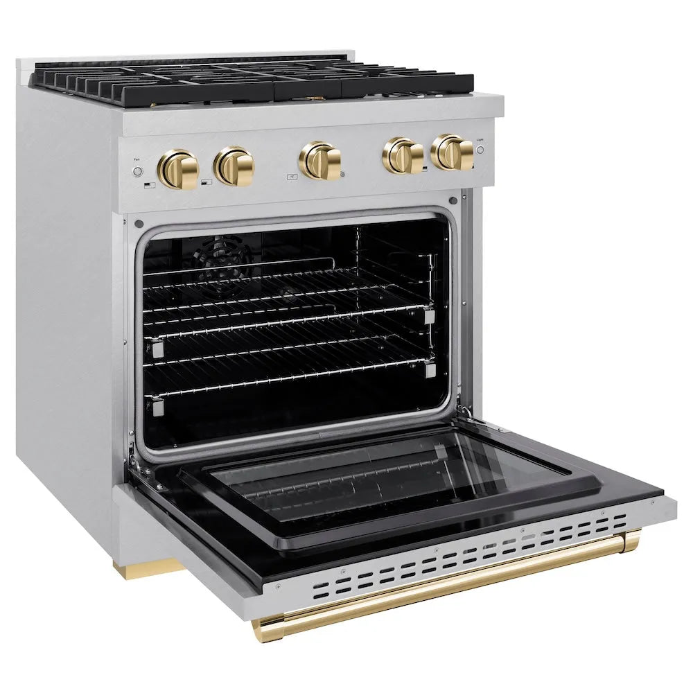 ZLINE Autograph Edition Paramount 30-inch range in satin stainless steel and polished gold accents SDRSZ-30-G, door open