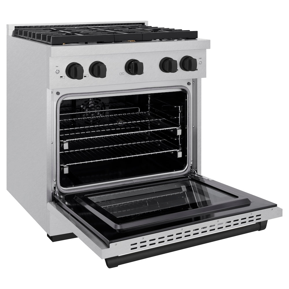 ZLINE Autograph Edition Paramount 30-inch range in satin stainless steel and matte black accents SDRSZ-30-MB, door open