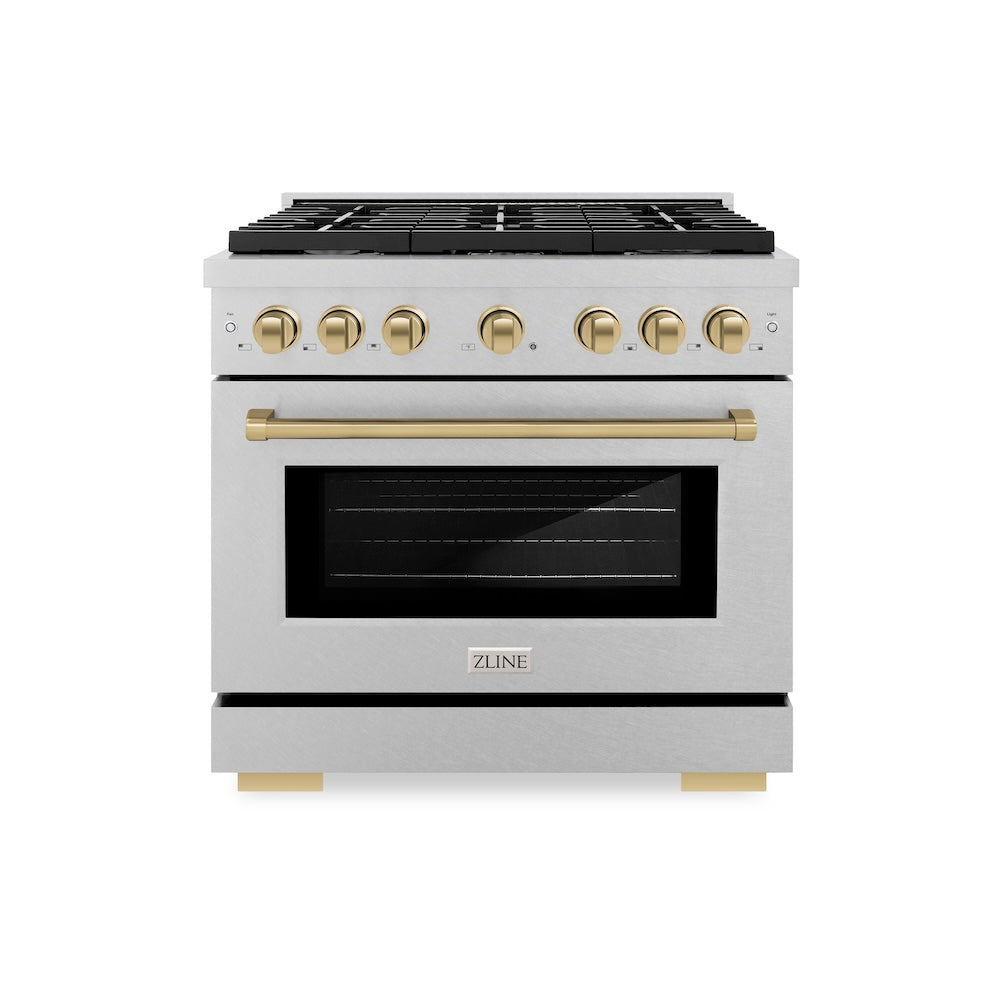 ZLINE Autograph Edition Paramount 36-inch range in satin stainless steel and champagne bronze accents SDRSZ-36-CB, front view