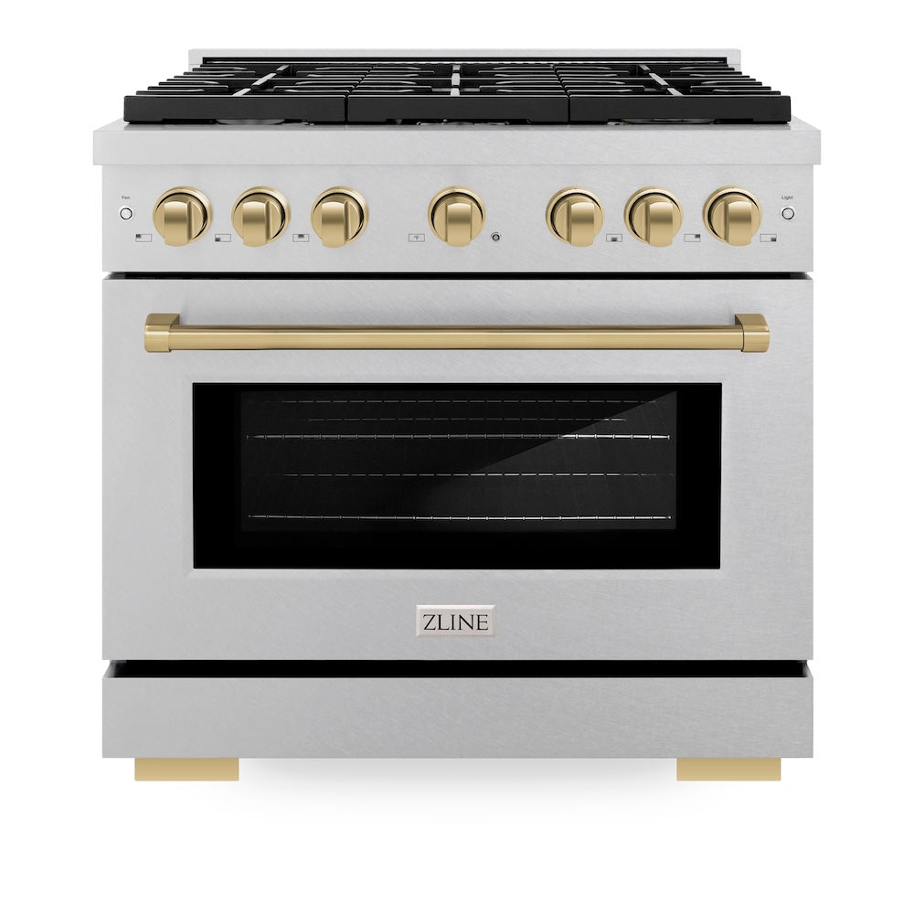 ZLINE Autograph Edition Paramount 36-inch range in satin stainless steel and champagne bronze accents SDRSZ-36-CB, front view