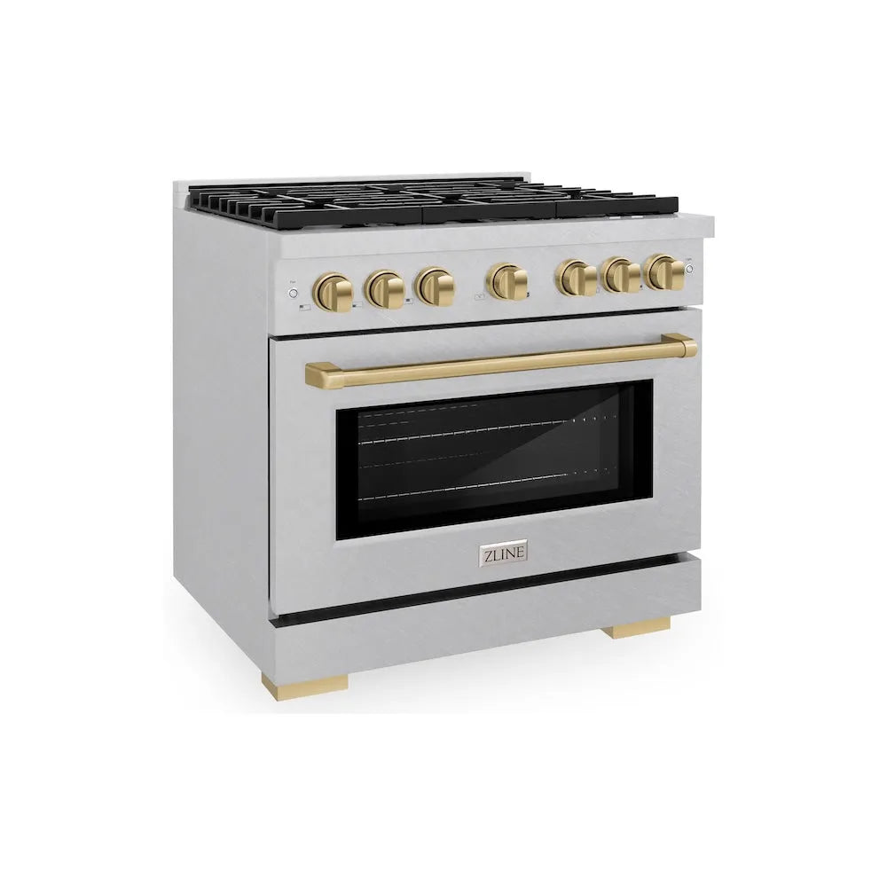 ZLINE Autograph Edition Paramount 36-inch range in satin stainless steel and champagne bronze accents SDRSZ-36-CB