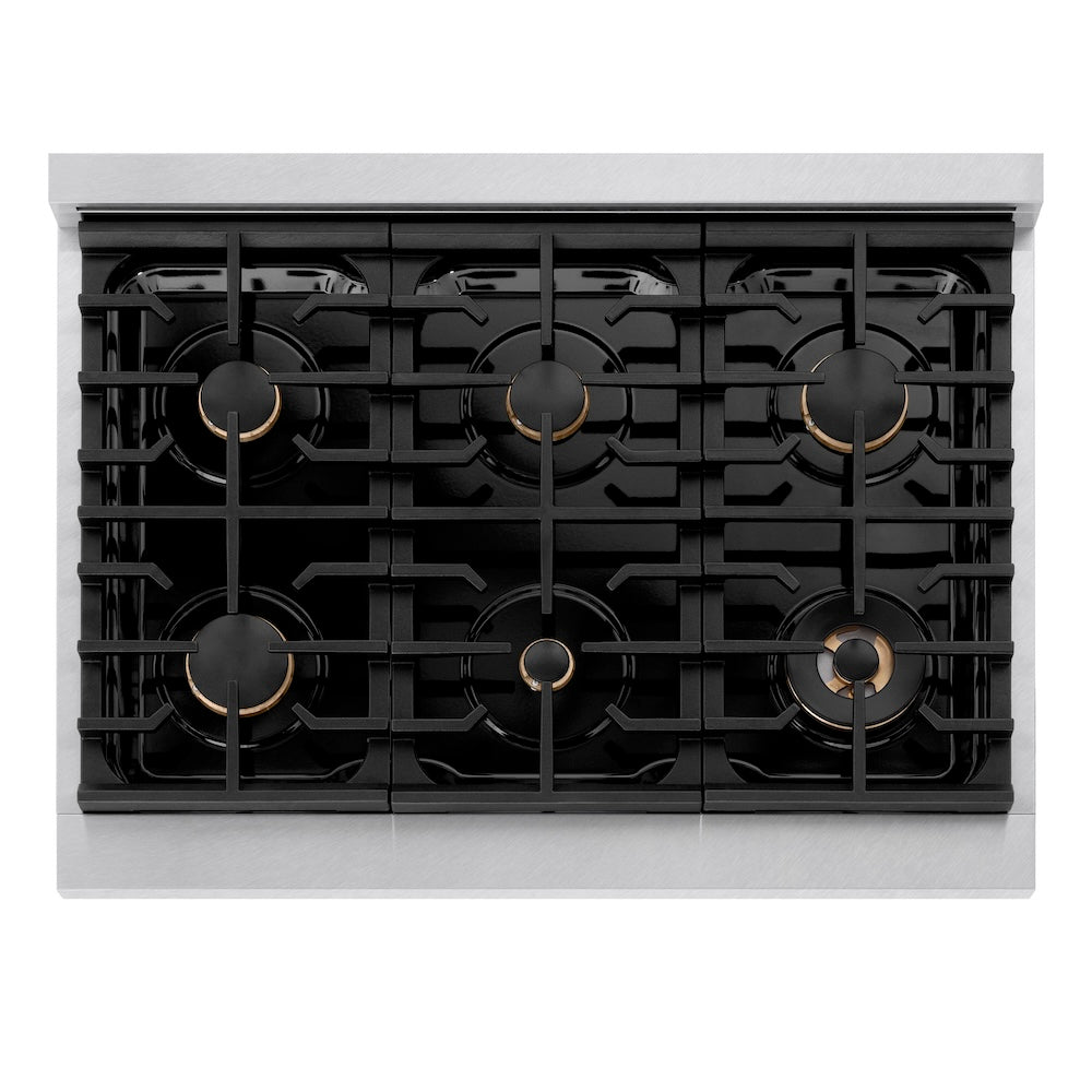 ZLINE Autograph Edition Paramount 36-inch range in satin stainless steel and champagne bronze accents SDRSZ-36-CB, from above