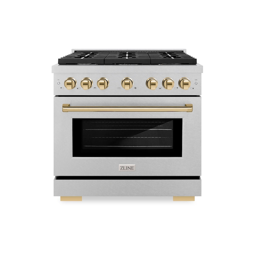 ZLINE Autograph Edition Paramount 36-inch range in satin stainless steel and polished gold accents SDRSZ-36-G, front view