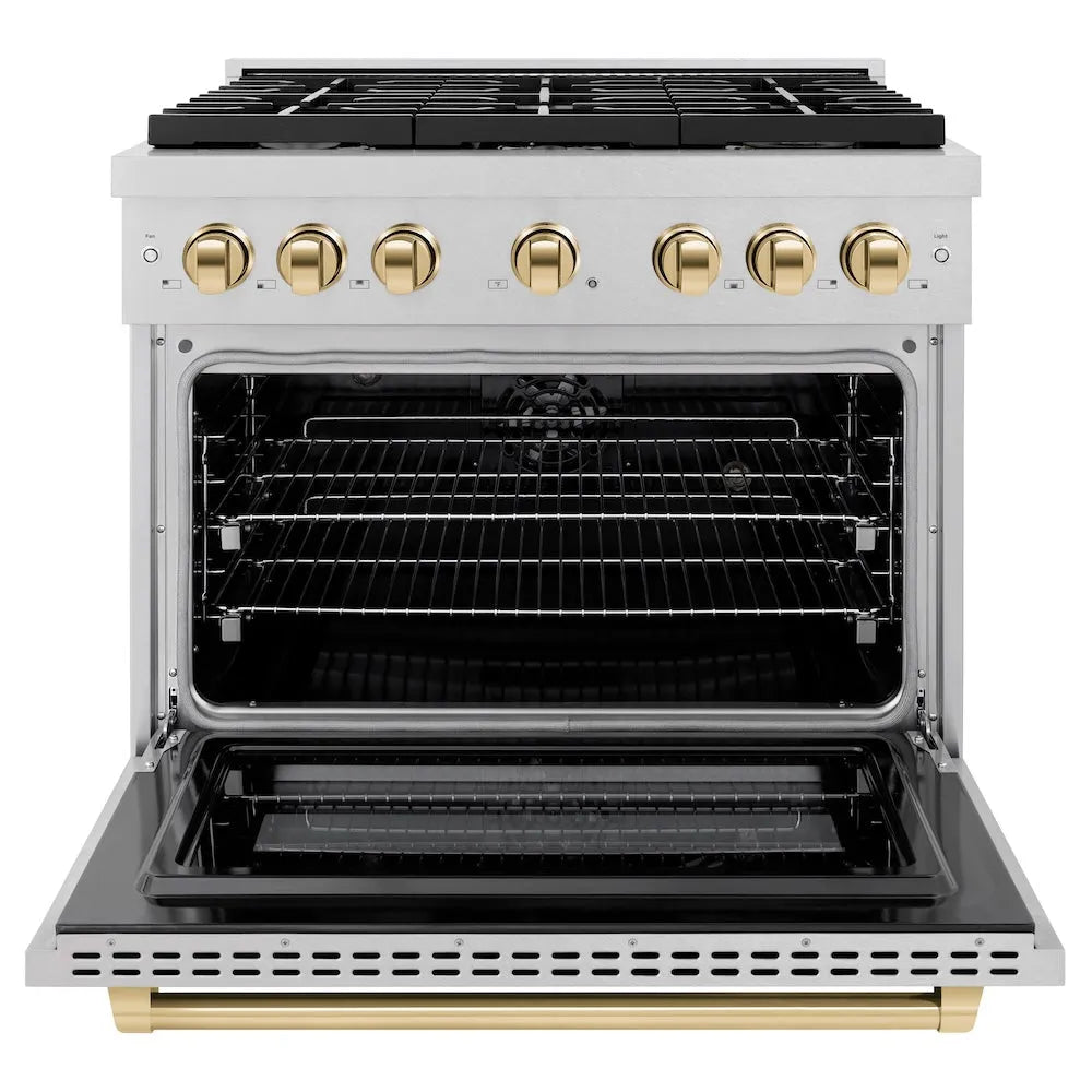 ZLINE Autograph Edition Paramount 36-inch range in satin stainless steel and polished gold accents SDRSZ-36-G, front view