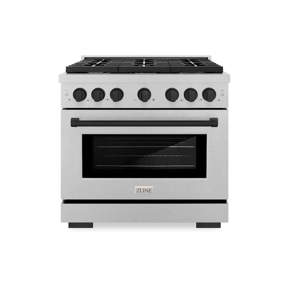 ZLINE Autograph Edition Paramount 36-inch range in satin stainless steel and matte black accents SDRSZ-36-MB, front view