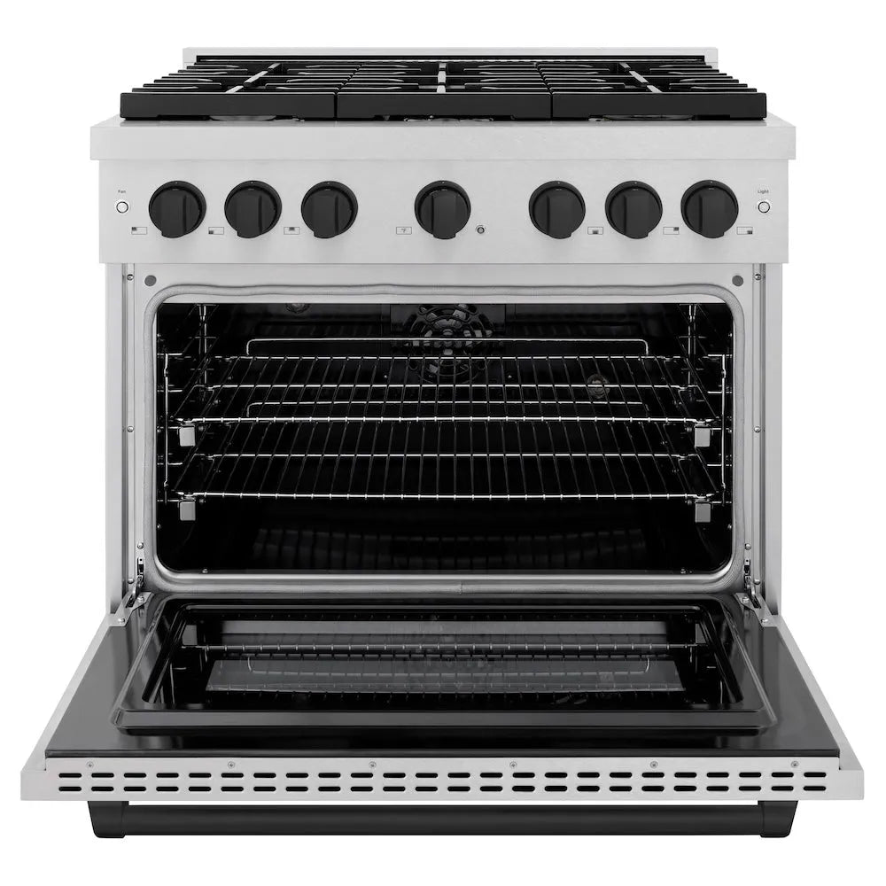 ZLINE Autograph Edition Paramount 36-inch range in satin stainless steel and matte black accents SDRSZ-36-MB, front view