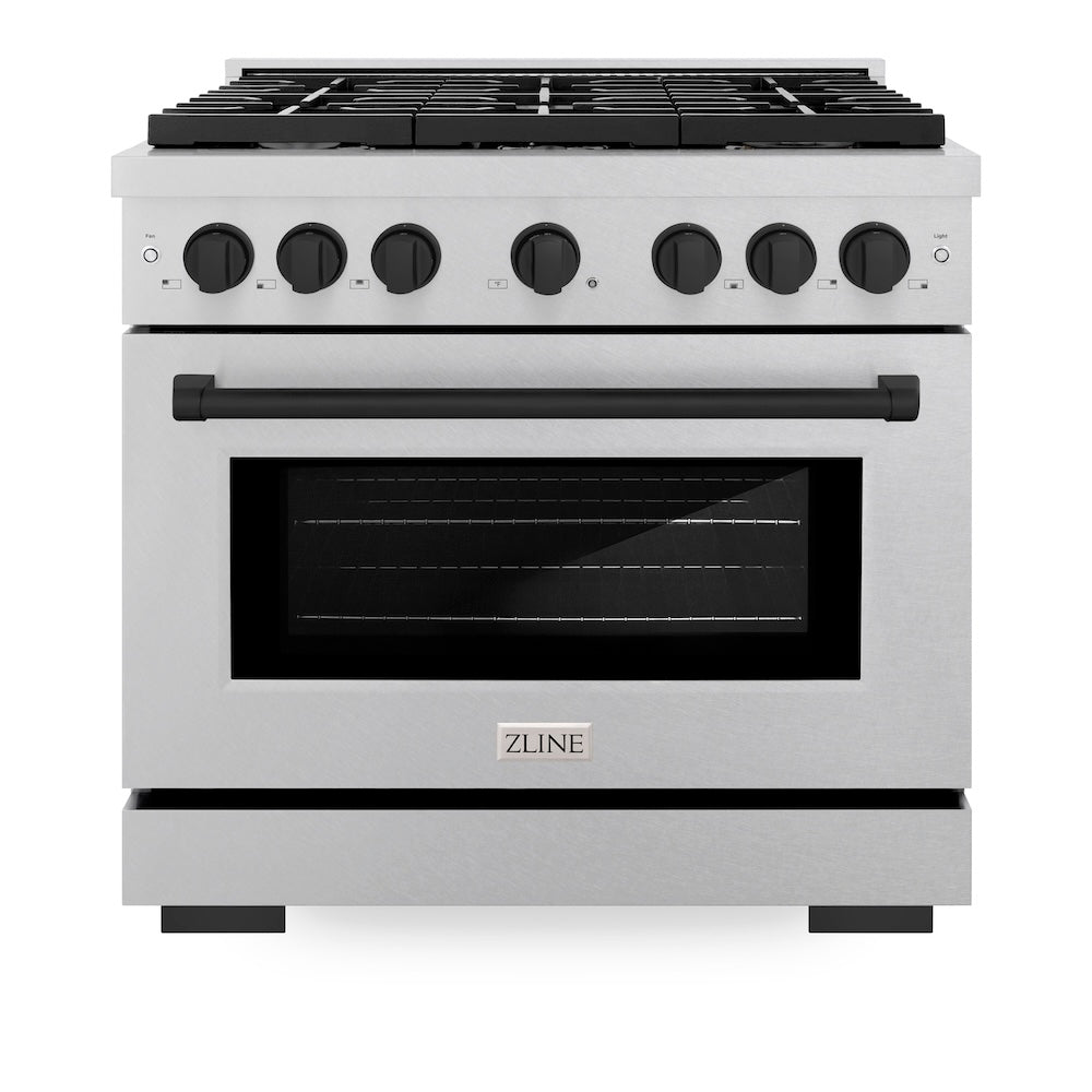 ZLINE Autograph Edition Paramount 36-inch range in satin stainless steel and matte black accents SDRSZ-36-MB, front view