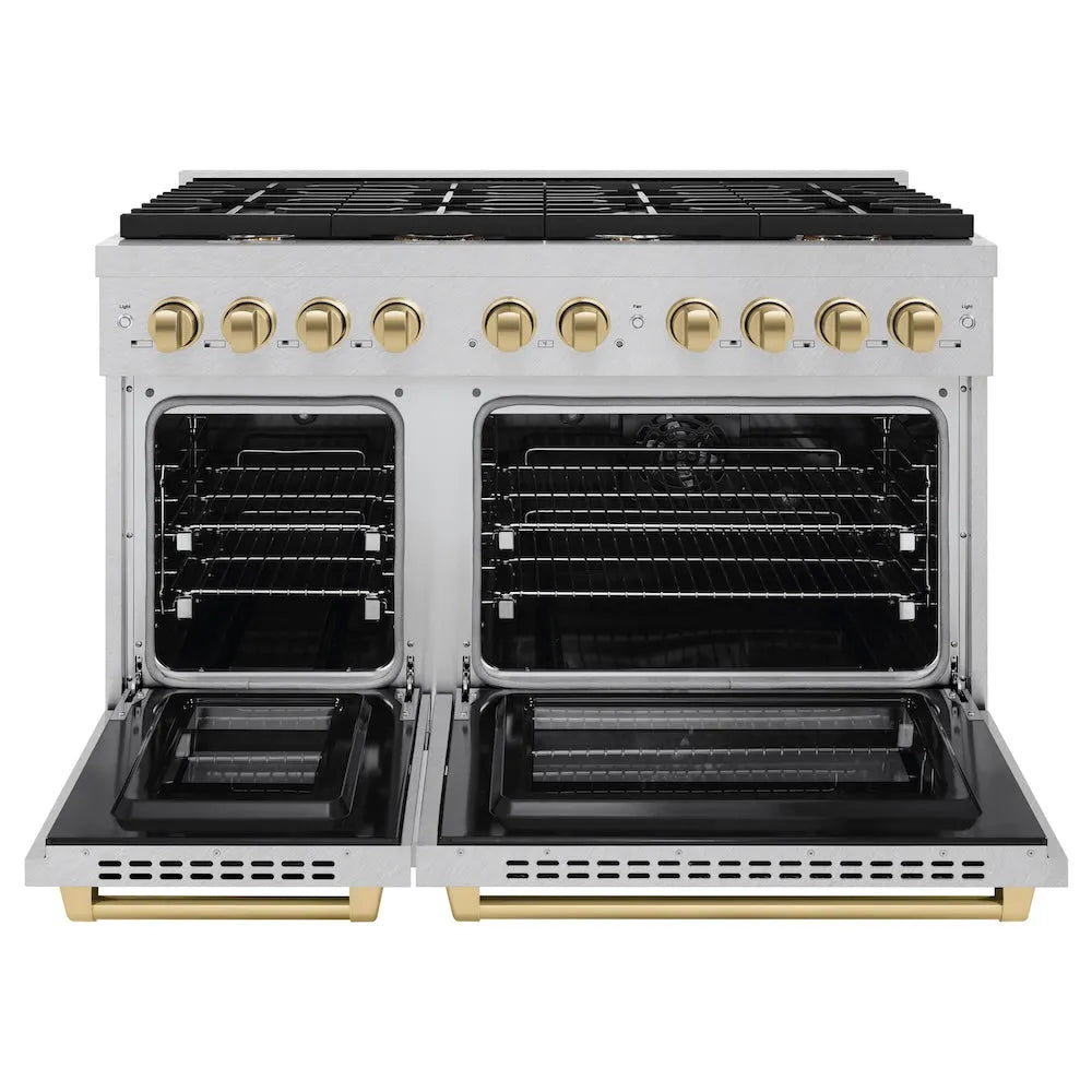 ZLINE Autograph Edition Paramount 48-inch range in satin stainless steel and champagne bronze accents SDRSZ-48-CB, front view