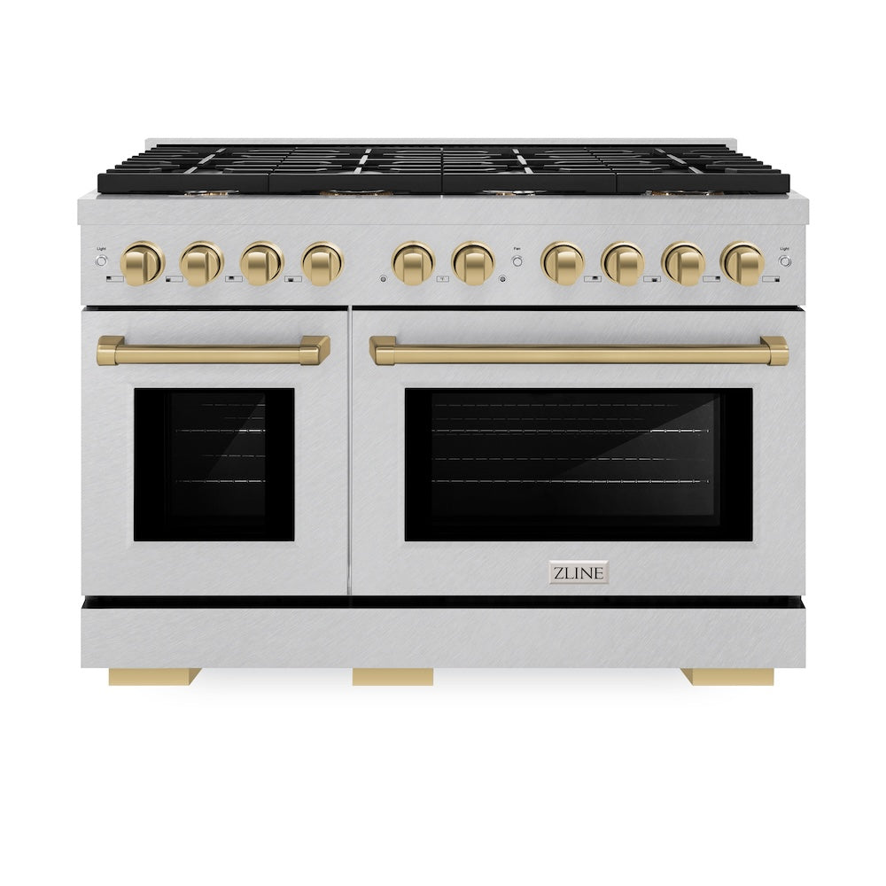 ZLINE Autograph Edition Paramount 48-inch range in satin stainless steel and champagne bronze accents SDRSZ-48-CB, front view