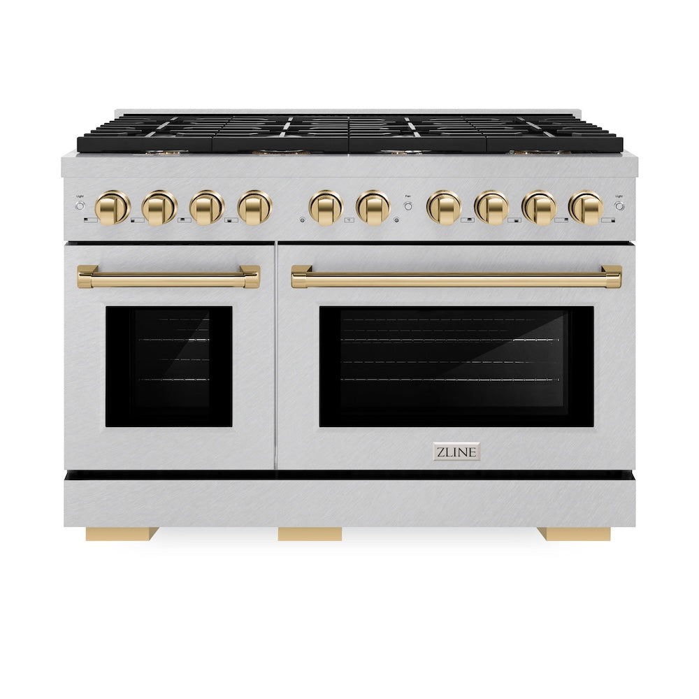 ZLINE Autograph Edition Paramount 48-inch range in satin stainless steel and polished gold accents SDRSZ-48-G, front view