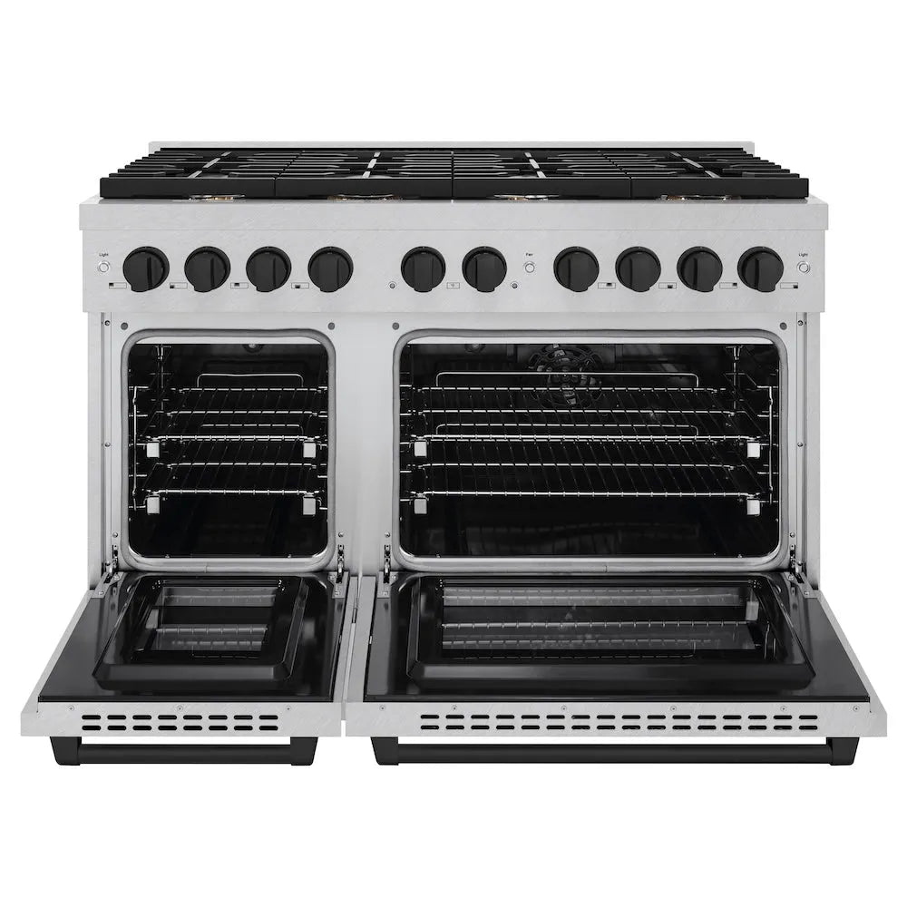 ZLINE Autograph Edition Paramount 48-inch range in satin stainless steel and matte black accents SDRSZ-48-MB, front view