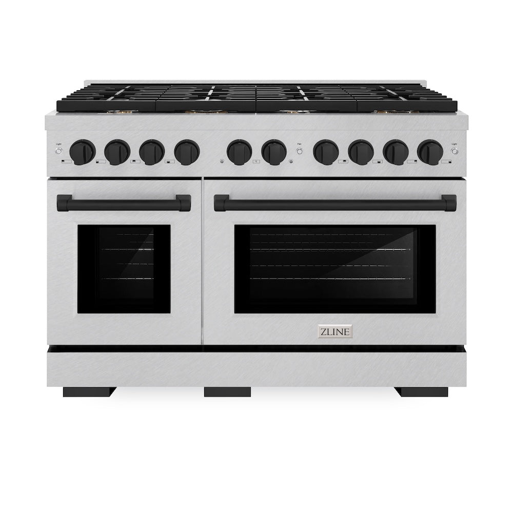 ZLINE Autograph Edition Paramount 48-inch range in satin stainless steel and matte black accents SDRSZ-48-MB, front view