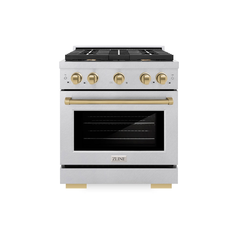 ZLINE Autograph Edition Paramount 30-inch range in satin stainless steel and champagne bronze accents SGRSZ-30-CB, front view