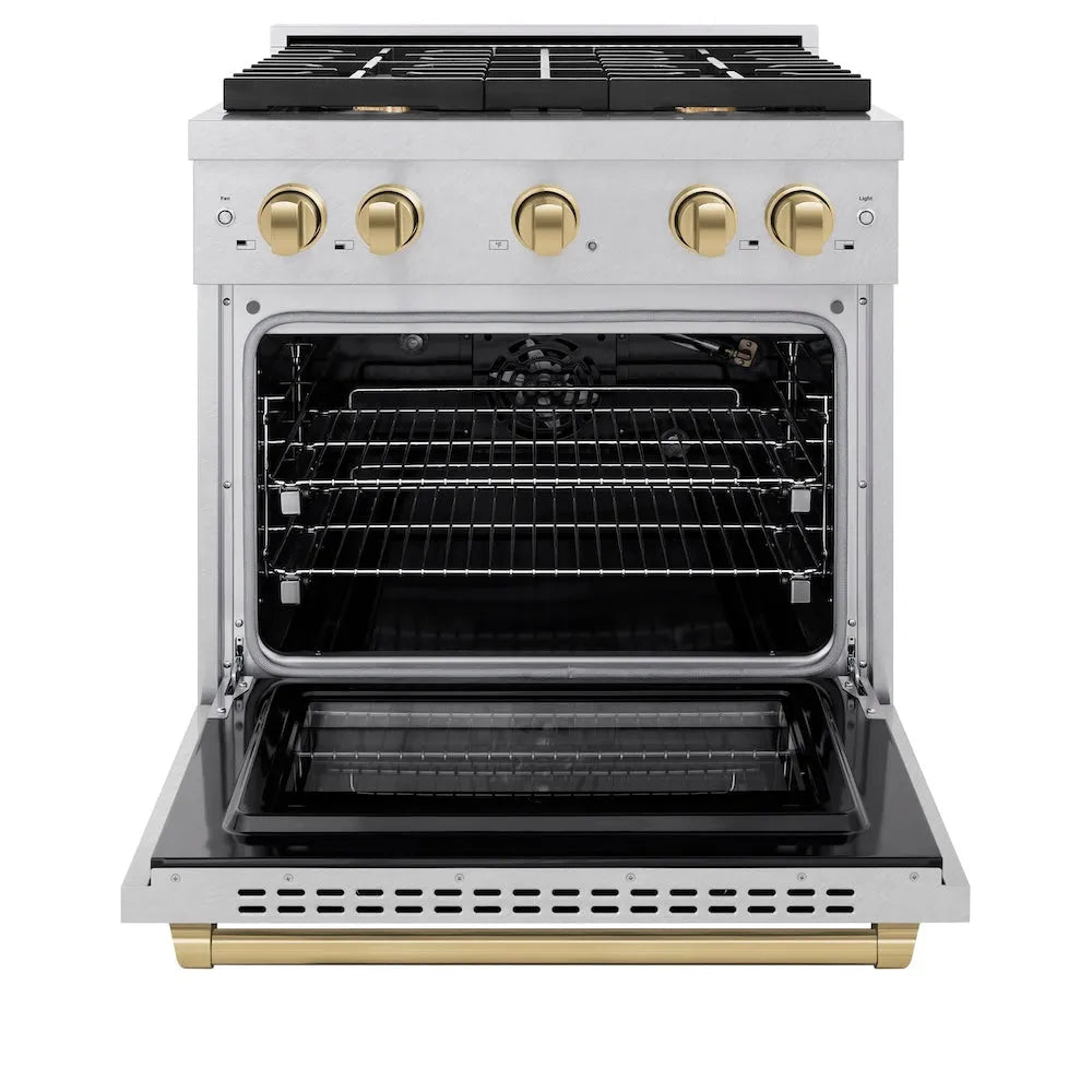 ZLINE Autograph Edition Paramount 30-inch range in satin stainless steel and champagne bronze accents SGRSZ-30-CB, front view
