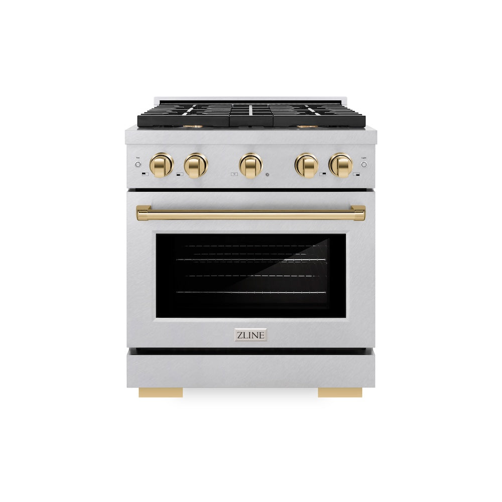ZLINE Autograph Edition Paramount 30-inch range in satin stainless steel and polished gold accents SGRSZ-30-G, front view