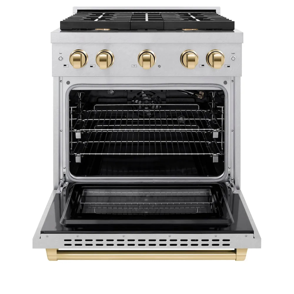 ZLINE Autograph Edition Paramount 30-inch range in satin stainless steel and polished gold accents SGRSZ-30-G, front view