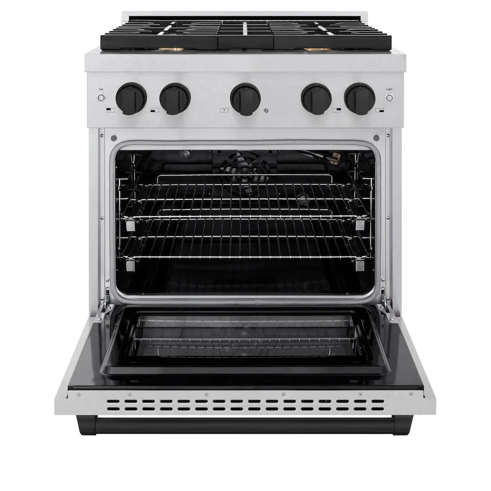 ZLINE Autograph Edition Paramount 30-inch range in satin stainless steel and matte black accents SGRSZ-30-MB, front view