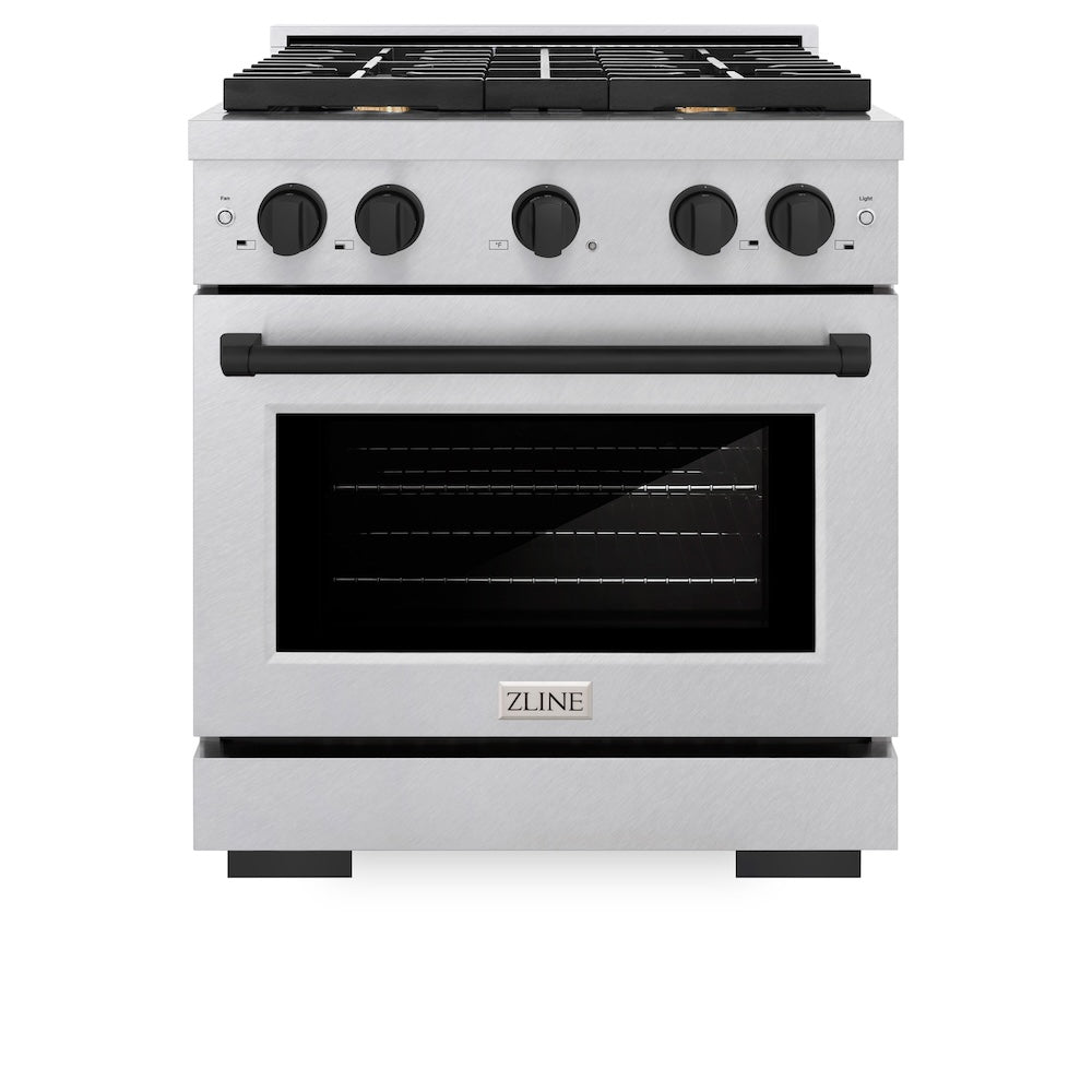 ZLINE Autograph Edition Paramount 30-inch range in satin stainless steel and matte black accents SGRSZ-30-MB, front view