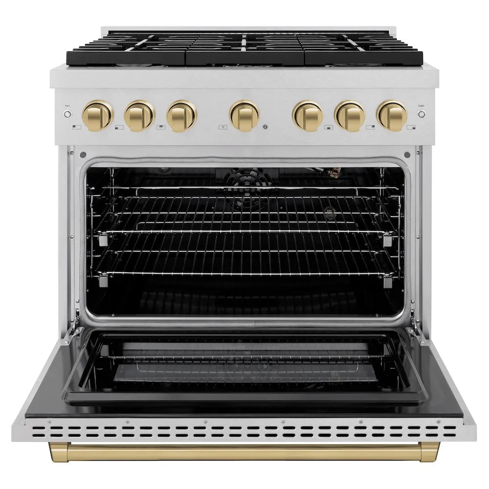 ZLINE Autograph Edition Paramount 36-inch range in satin stainless steel and champagne bronze accents SGRSZ-36-CB, front view
