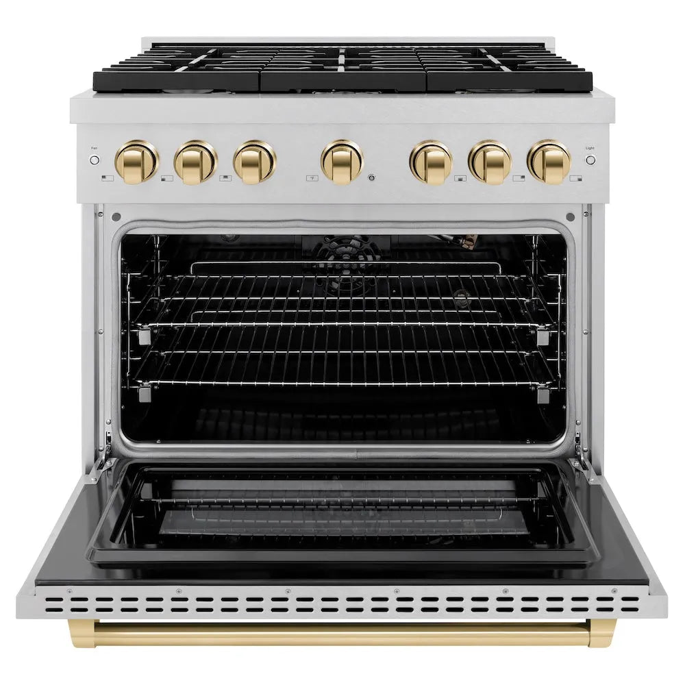 ZLINE Autograph Edition Paramount 36-inch range in satin stainless steel and polished gold accents SGRSZ-36-G, front view