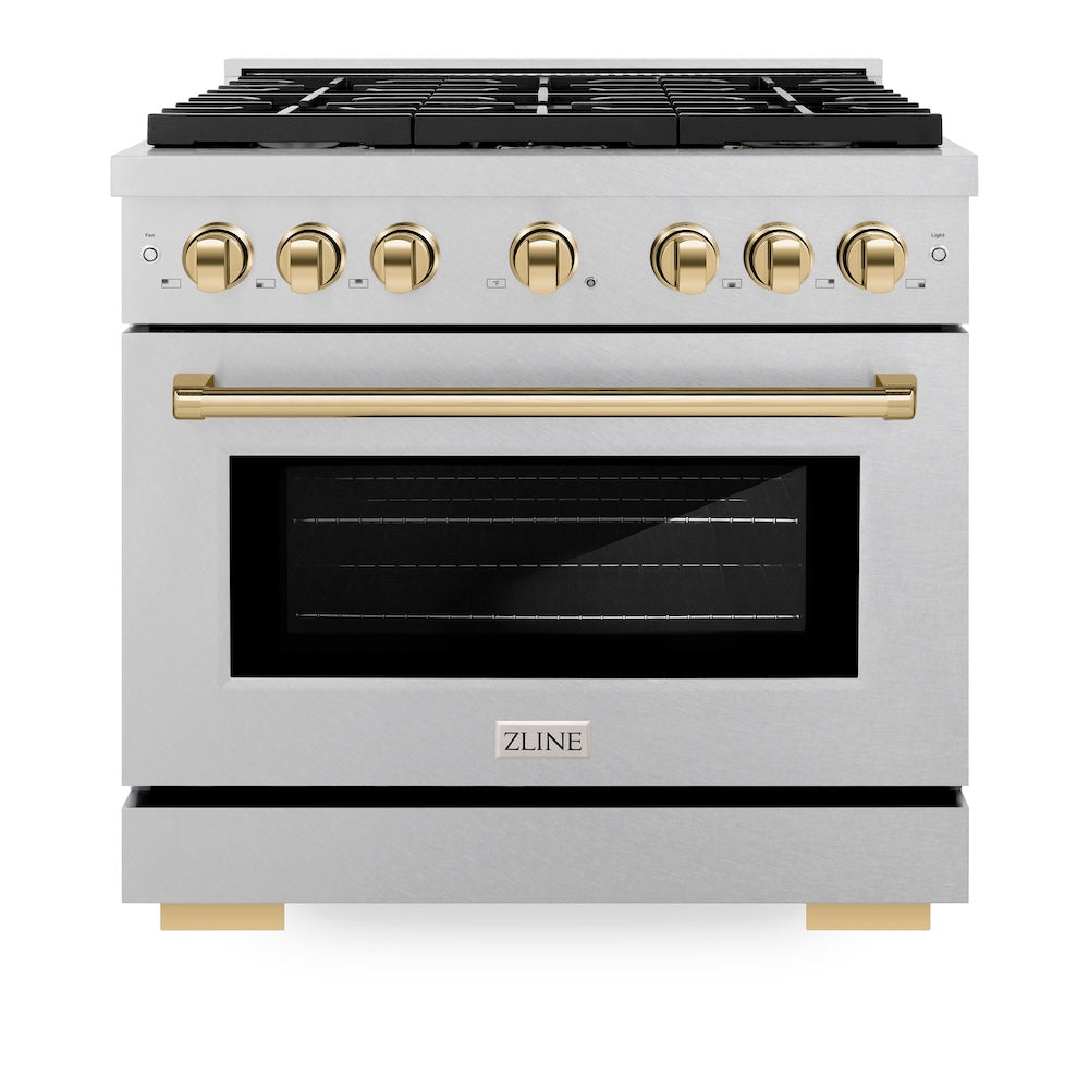 ZLINE Autograph Edition Paramount 36-inch range in satin stainless steel and polished gold accents SGRSZ-36-G, front view