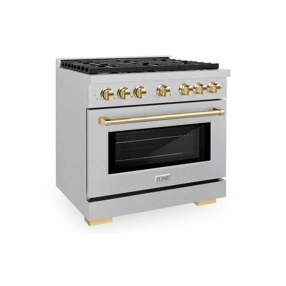 ZLINE Autograph Edition Paramount 36-inch range in satin stainless steel and polished gold accents SGRSZ-36-G