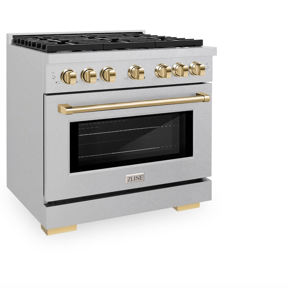 ZLINE Autograph Edition Paramount 36-inch range in satin stainless steel and polished gold accents SGRSZ-36-G, view 5
