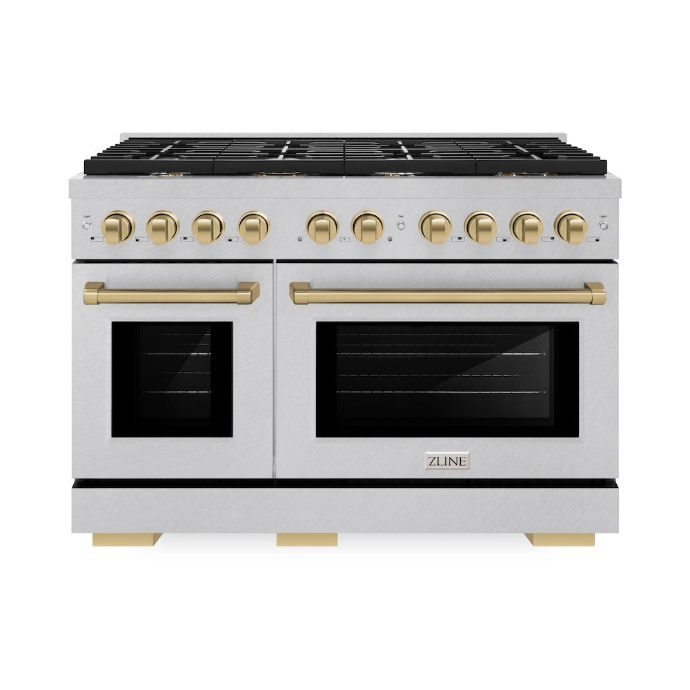 ZLINE Autograph Edition Paramount 48-inch range in satin stainless steel and champagne bronze accents SGRSZ-48-CB, front view